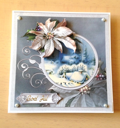 Vintage Christmas 7x7 card with poinsettia decoupage and sentiment tags by Ulla Skraedderdal