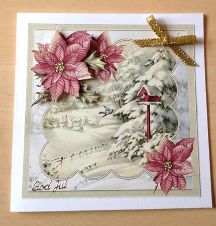 Birds winter home 7x7 card with decoupage and sentiment tags by Ulla Skraedderdal