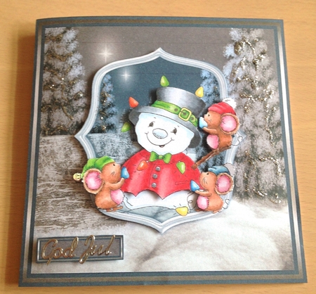 Snowman tree and mice friends 7x7 card with decoupage by Ulla Skraedderdal