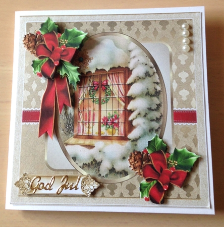 Christmas window 7x7 card with decoupage by Ulla Skraedderdal