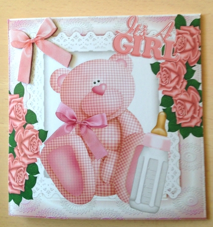 Cute pink gingham bear with bottle and roses 8x8 by Ulla Skraedderdal