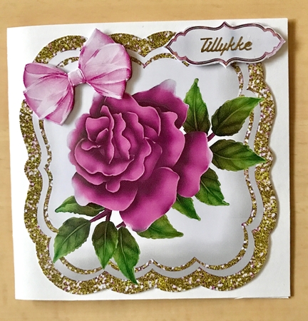 pretty painted pink roses with organza bow in gold glitter 8x8 frame by Ulla Skraedderdal