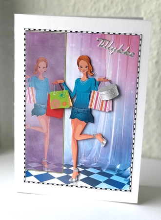 Shopping Girls! Silver Heels Card Front & Decoupage by Ulla Skraedderdal