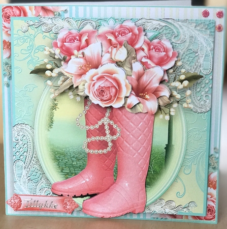 The Pink Rose Wellies Card front Kit by Ulla Skraedderdal