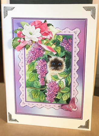 A5 card topper Cat and Lilacs with decoupage by Ulla Skraedderdal
