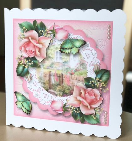 The Rose Cottage With Lace & Roses 8x8 by Ulla Skraedderdal