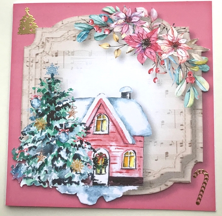 Sheet Music Watercolour Christmas - Pink House 8x8 by Ulla Skraedderdal