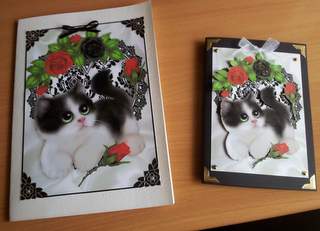 Kitty with Red Roses on Black Lace Heart A4 by Ulla Skraedderdal