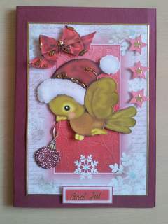 Lovely Christmas Bird with Red Glitter Bauble & Red Hat by Ulla Skraedderdal