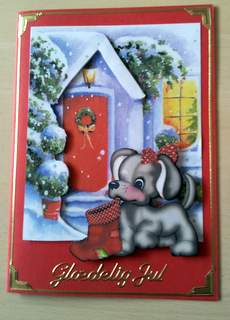 Cute Puppy with Stocking with Snow Cottage A4 by Ulla Skraedderdal