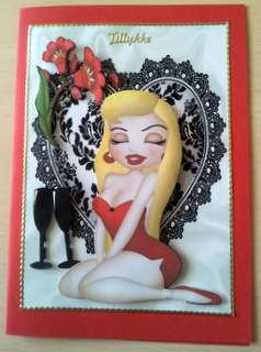 Blond Babe on Black Lace Heart with Flowers by Ulla Skraedderdal
