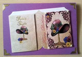 Deep Burgandy Hat with Multi-colour Pansy's Book Card by Ulla Skraedderdal