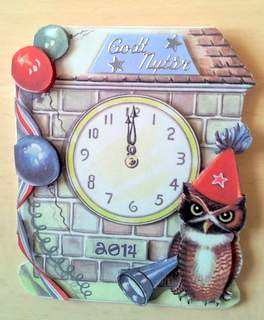 Shaped Card Front Happy New Year Vintage Owl Decoupage by Ulla Skraedderdal