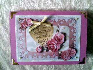 Gold Heart with Pretty Pink Roses in Lace Frame A4 by Ulla Skraedderdal