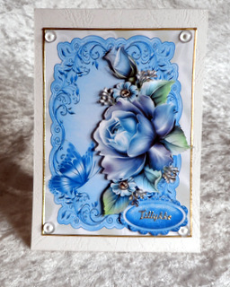 Pretty Blue Roses , Blue Butterfly in Ornate Frame by Ulla Skraedderdal