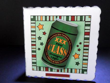 1st Class Fella Beer Can Quick Card & 3D Decoupage by Ulla Skraedderdal