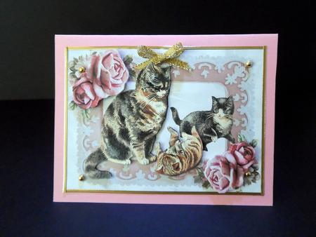 Playful Kittens with Mum in Frame of Roses A4 by Ulla Skraedderdal