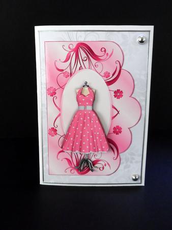 1950's Pink Retro Dress Scallope Edge Curve Card by Ulla Skraedderdal