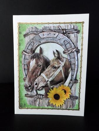 Horses in Horse Shoe with Sunflowers by Ulla Skraedderdal