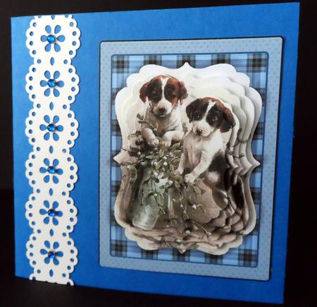 Cute Little Vintage Puppies on Blue Backing by Ulla Skraedderdal