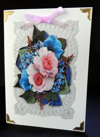 Pink Roses & Blue Flowers on Vintage Lace by Ulla Skraedderdal