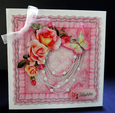 Roses and Pearls Frilly Cushion Card Front by Ulla Skraedderdal