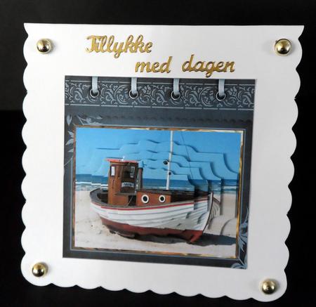Small Fishing Boat Card with Shaped Layers by Ulla Skraedderdal