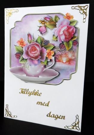 Teacup, Saucer & English Roses - Shaped Topper by Ulla Skraedderdal