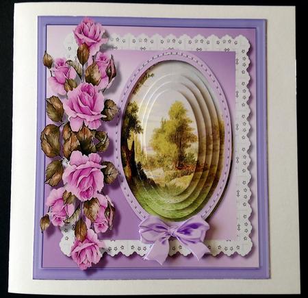 Beautiful Lilac Roses and Stitched Oval Scene  by Ulla Skraedderdal