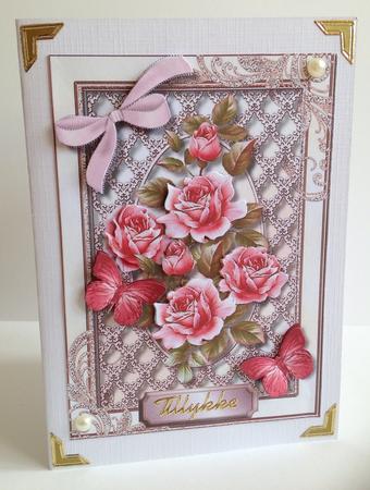 Beautiful Pink Roses on Lattace Lace  by Ulla Skraedderdal