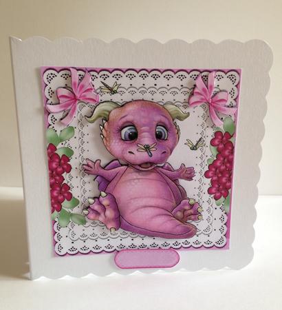 Cute Little Pink Baby Dragon on Lace with Bows 8x8 by Ulla Skraedderdal