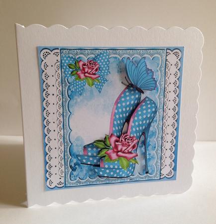 Pretty Blue Polkadot Shoes with Pink Roses on Lace 8x8 by Ulla Skraedderdal