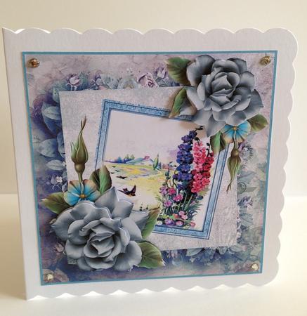 Blue Rose and Country Cottage Card with Decoupage by Ulla Skraedderdal