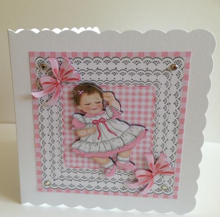 Sweet Baby Girl Sleeping in Lace and Gingham Card/topper 8x8 by Ulla Skraedderdal