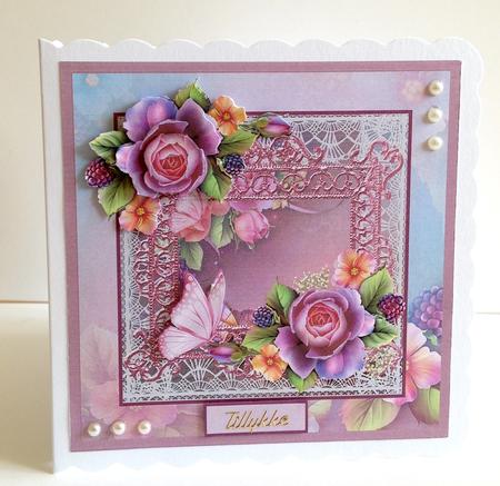 English Rose and Butterfly 7x7 Card with Decoupage by Ulla Skraedderdal