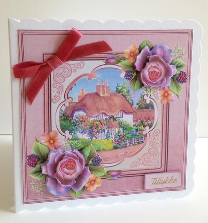 Thatched Cottage and Roses 7x7 Card and Decoupage by Ulla Skraedderdal
