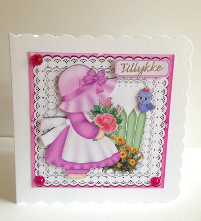 Little Bonnet Girl with Flowers & Little Bird 8x8 by Ulla Skraedderdal