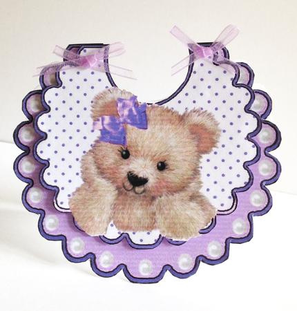 Purple Polka Dot Bib with Cute Fuzzy Bear in Pink Bow by Ulla Skraedderdal