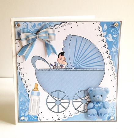 Baby Boy in Blue Pram on Lace with Bow 8x8 by Ulla Skraedderdal