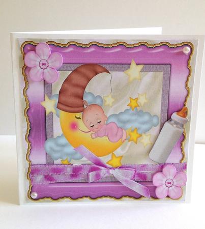 Sleepy Baby Girl with Moon and Stars and Bow 8x8 by Ulla Skraedderdal