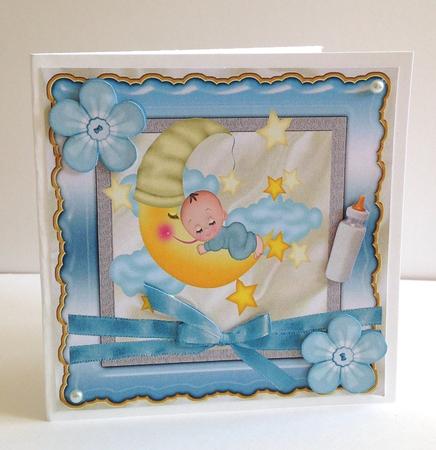 Sleepy Baby Boy with Moon and Stars with Bow 8x8 by Ulla Skraedderdal