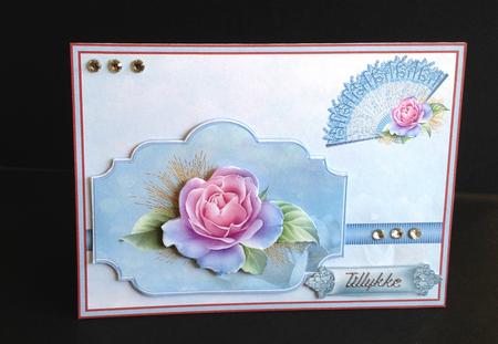 Fan and Rose Card with Decoupage and Sentiment Tags by Ulla Skraedderdal