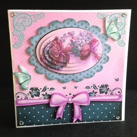 Pink Flowers in Scalloped Frame with Butterflies Pyramids by Ulla Skraedderdal