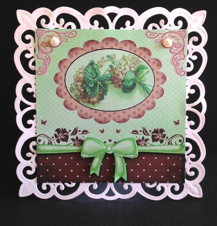 Pretty Flowers in Scalloped Frame with Green Bow 8x8 by Ulla Skraedderdal