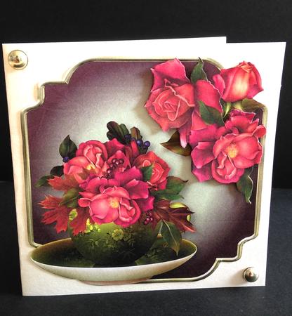 Teacup, Saucer & Autumnal Roses - Shaped Topper by Ulla Skraedderdal