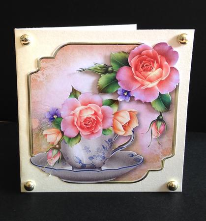 Teacup, Saucer & Spring Roses - Shaped Topper by Ulla Skraedderdal