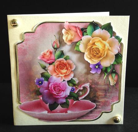 Teacup, Saucer & Pastel Roses - Shaped Topper by Ulla Skraedderdal