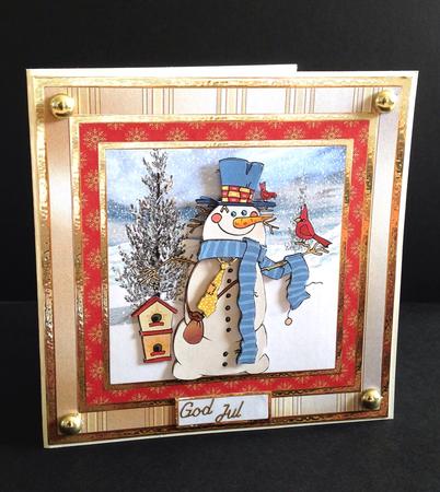Snowman and Birdhouse 7x7 Card with Decoupage by Ulla Skraedderdal