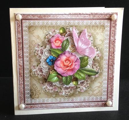 Camelia and Lace7x7 Card with Decoupage by Ulla Skraedderdal