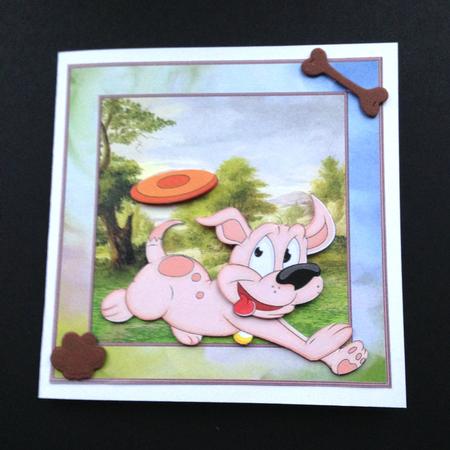 Happy Puppy 7x7 Card with Decoupage and Sentiment Tags by Ulla Skraedderdal